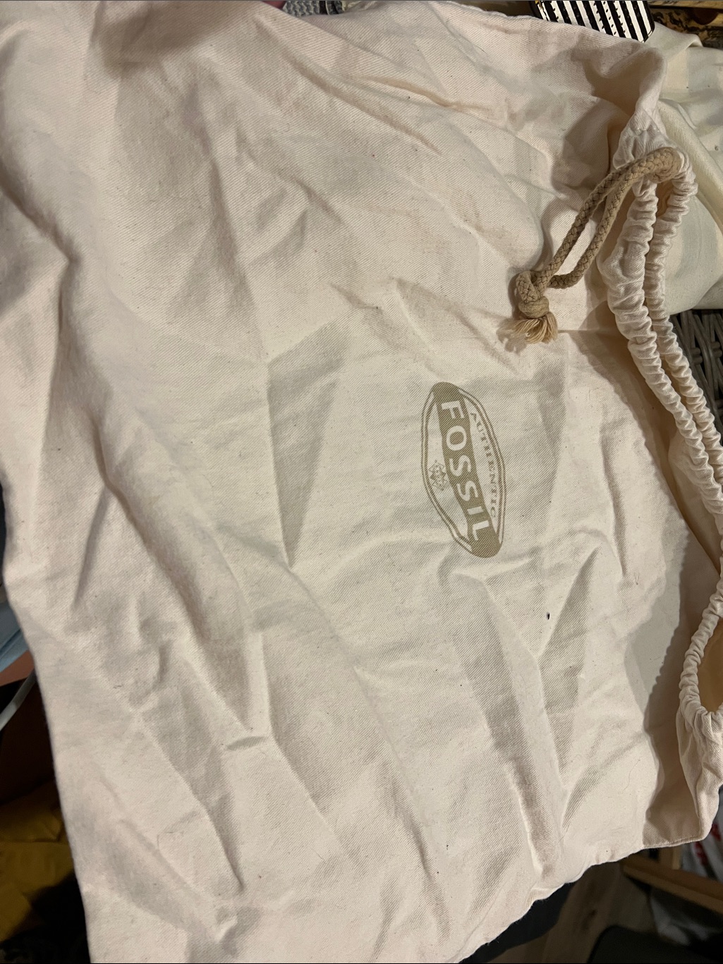 Fossil Cream Fabric Drawstring Bag With Logo